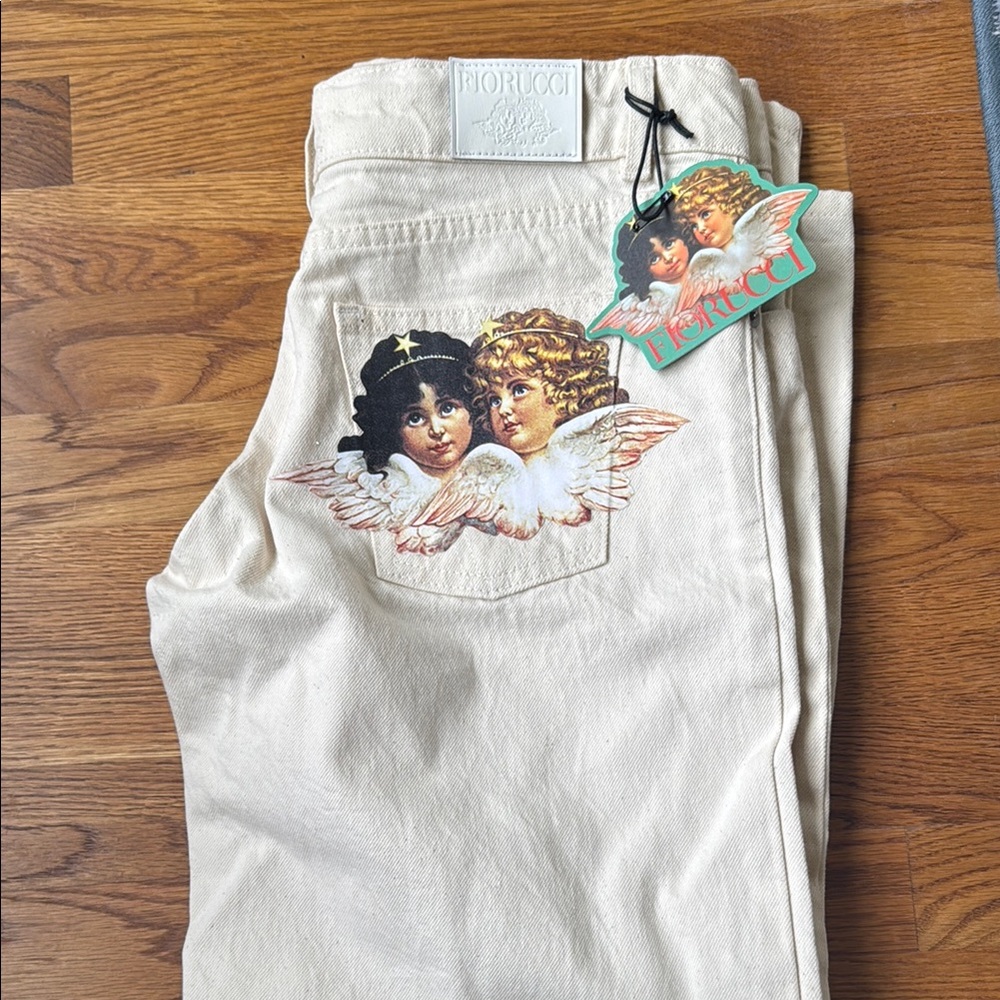 Fiorucci Cream Straight Leg Jeans with Artistic Patch NWOT